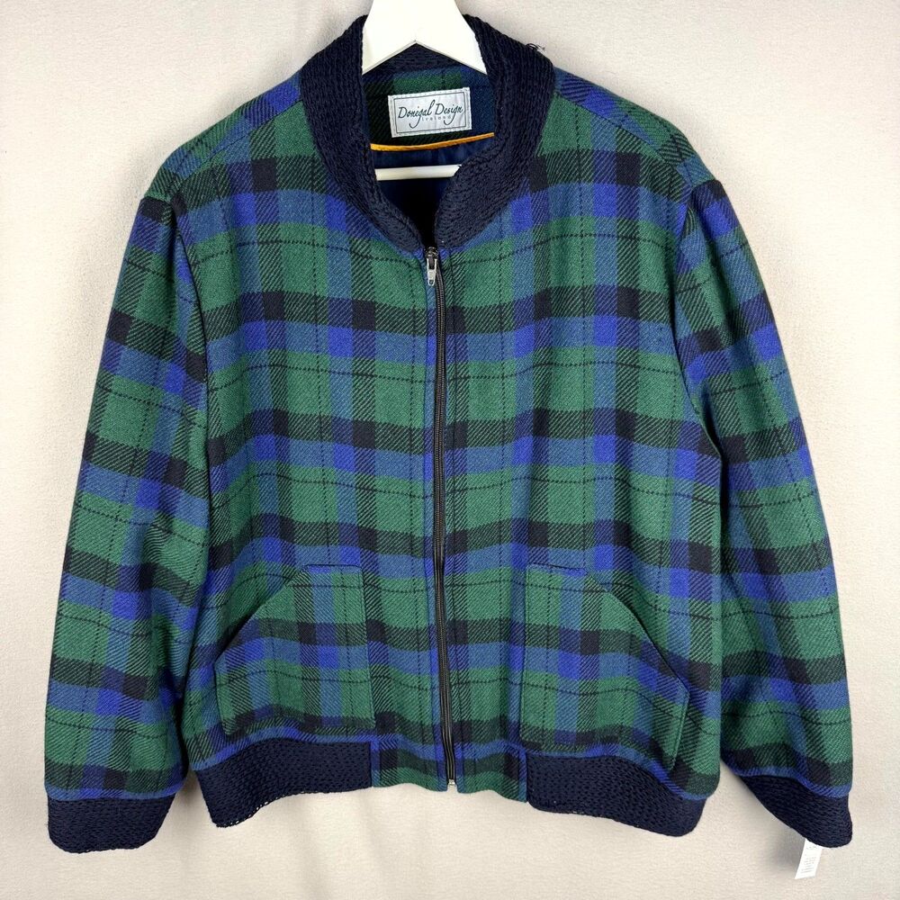 Donegal Design Bomber Jacket Womens XL Wool Green Blue Plaid Zip Knitted Ireland